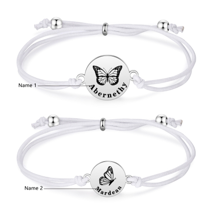2 PCS Personalised Elastic Cord Bracelet with Butterfly Pattern Customized 2 Names Gift for Daughter