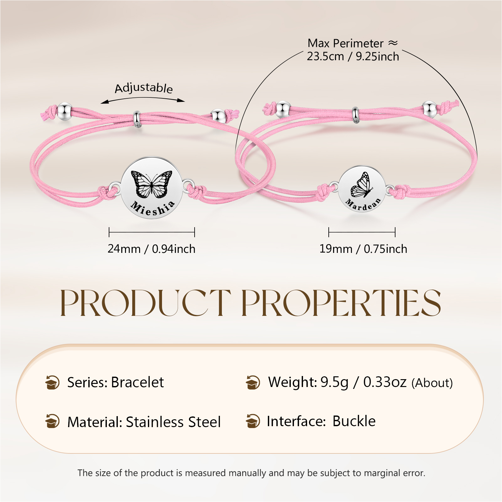 2 PCS Personalised Elastic Cord Bracelet with Butterfly Pattern Customized 2 Names Gift for Daughter
