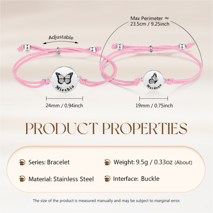 2 PCS Personalised Elastic Cord Bracelet with Butterfly Pattern Customized 2 Names Gift for Daughter