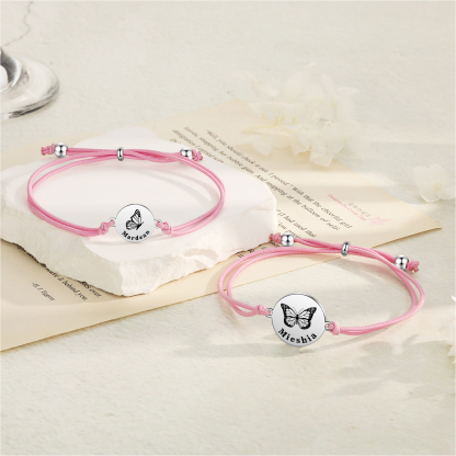 2 PCS Personalised Elastic Cord Bracelet with Butterfly Pattern Customized 2 Names Gift for Daughter