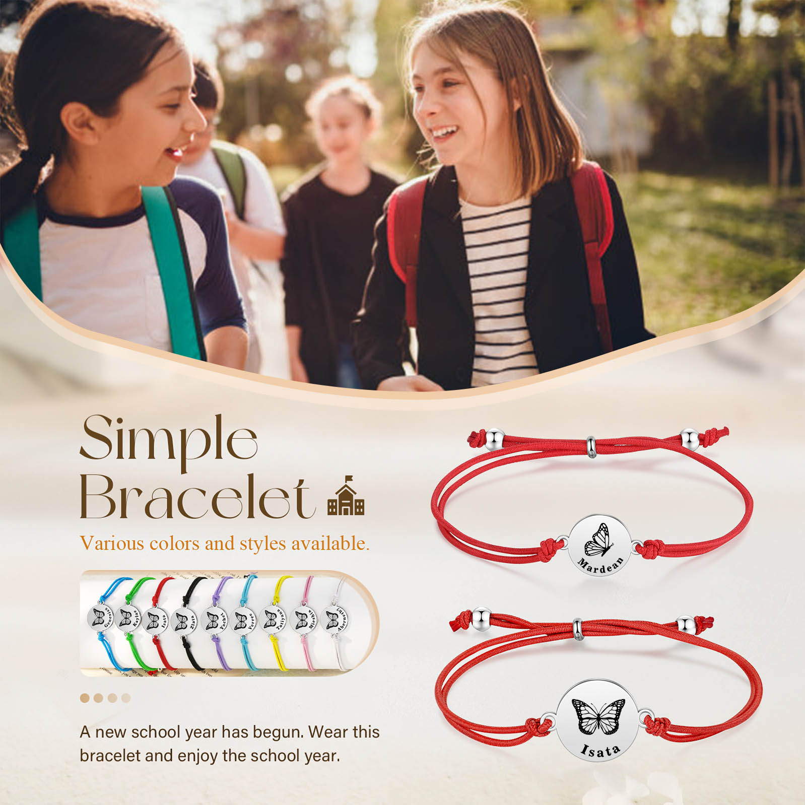 2 PCS Personalised Elastic Cord Bracelet with Butterfly Pattern Customized 2 Names Gift for Daughter