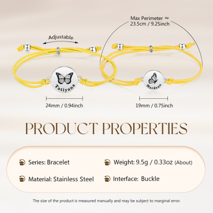 2 PCS Personalised Elastic Cord Bracelet with Butterfly Pattern Customized 2 Names Gift for Daughter