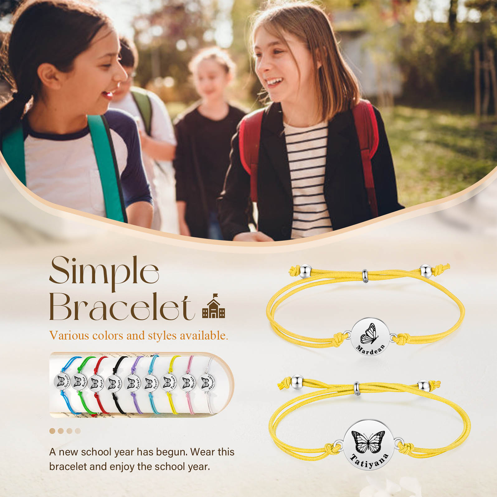 2 PCS Personalised Elastic Cord Bracelet with Butterfly Pattern Customized 2 Names Gift for Daughter