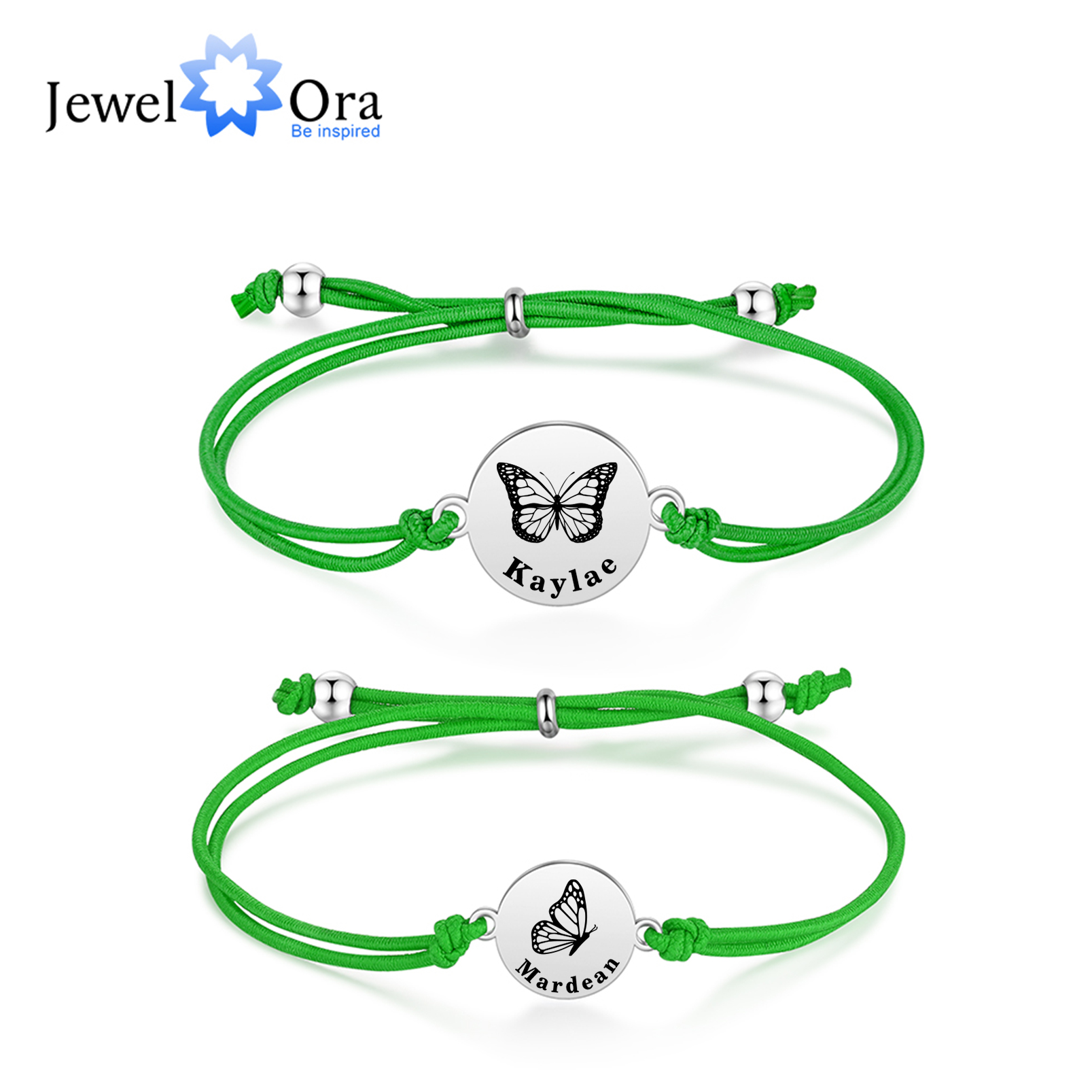 2 PCS Personalised Elastic Cord Bracelet with Butterfly Pattern Customized 2 Names Gift for Daughter