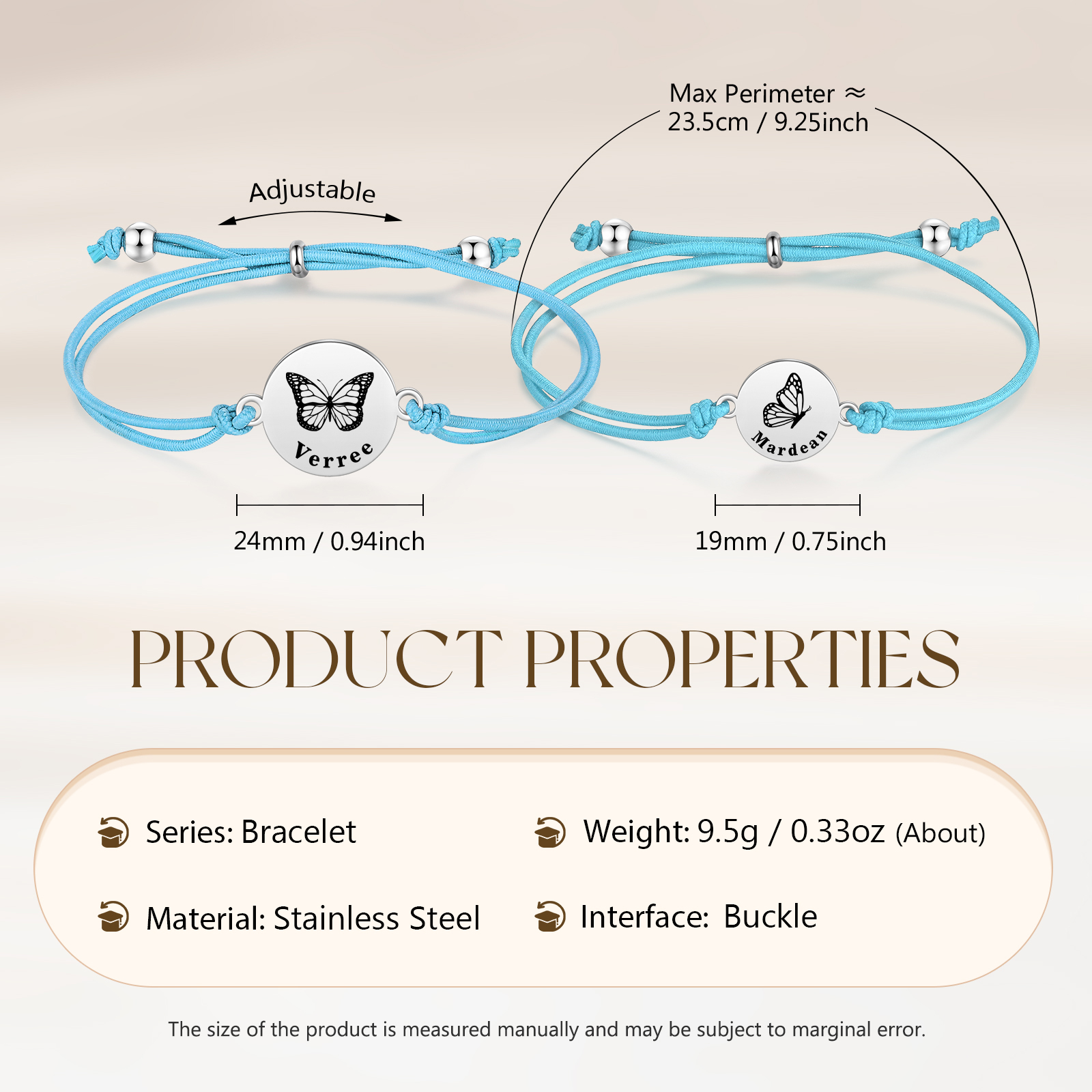 2 PCS Personalised Elastic Cord Bracelet with Butterfly Pattern Customized 2 Names Gift for Daughter