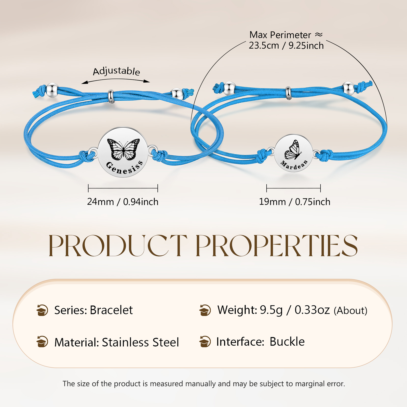 2 PCS Personalised Elastic Cord Bracelet with Butterfly Pattern Customized 2 Names Gift for Daughter