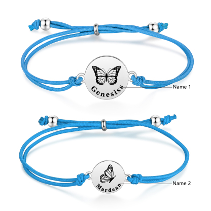 2 PCS Personalised Elastic Cord Bracelet with Butterfly Pattern Customized 2 Names Gift for Daughter
