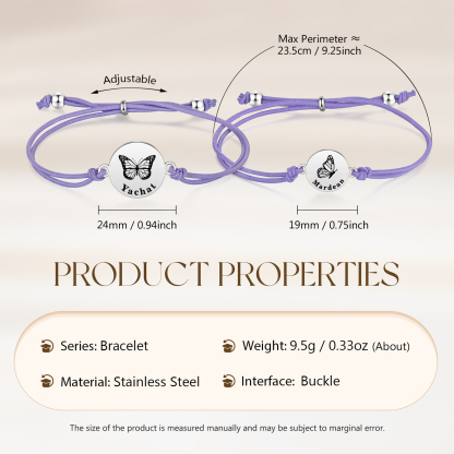 2 PCS Personalised Elastic Cord Bracelet with Butterfly Pattern Customized 2 Names Gift for Daughter