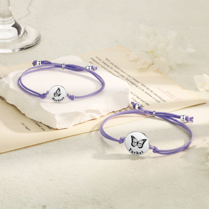 2 PCS Personalised Elastic Cord Bracelet with Butterfly Pattern Customized 2 Names Gift for Daughter