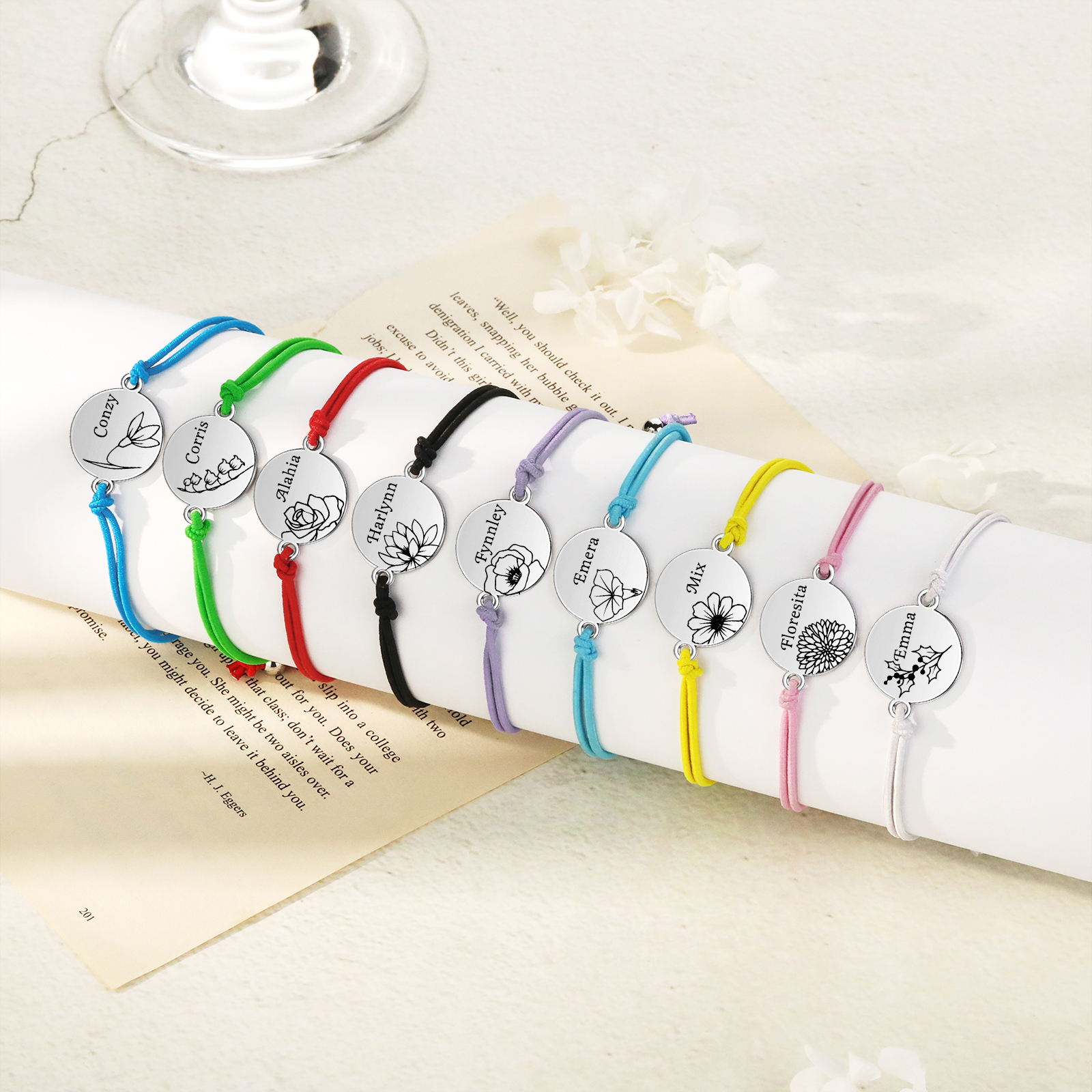 2-PCS Personalised Elastic Cord Bracelets, Customized With 2 Birth Flowers & 2 Names, Gift For Daughter