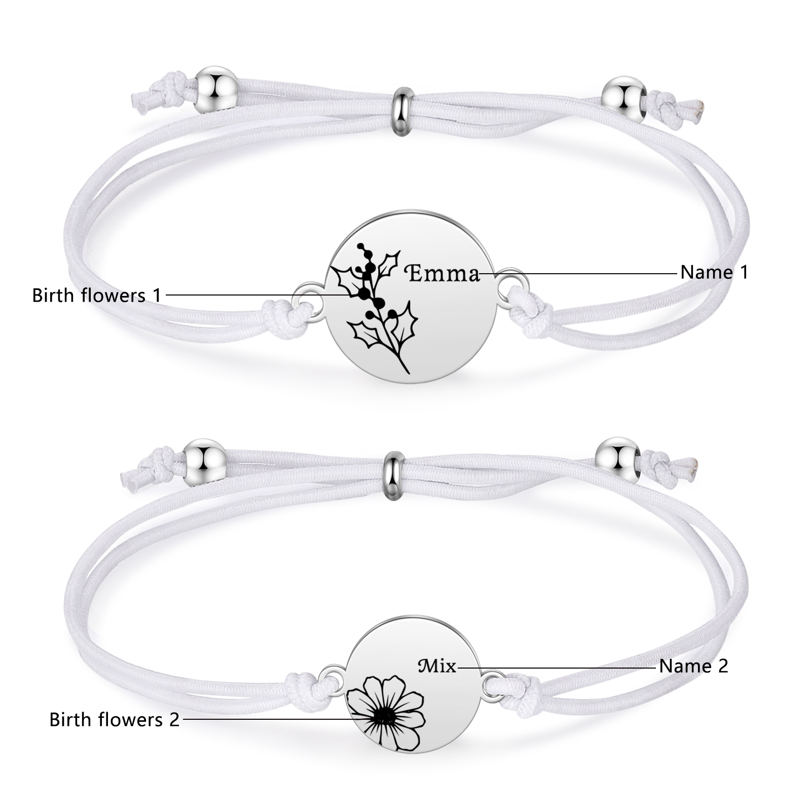 2-PCS Personalised Elastic Cord Bracelets, Customized With 2 Birth Flowers & 2 Names, Gift For Daughter