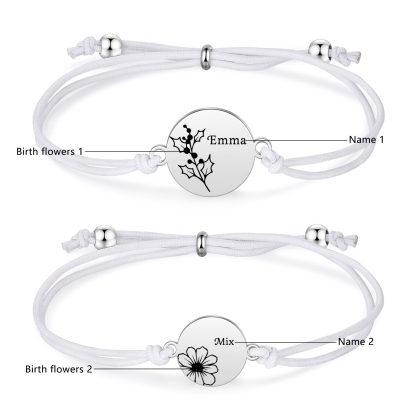 2-PCS Personalised Elastic Cord Bracelets, Customized With 2 Birth Flowers & 2 Names, Gift For Daughter
