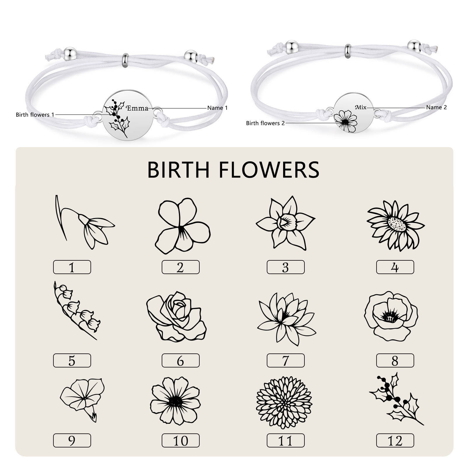 2-PCS Personalised Elastic Cord Bracelets, Customized With 2 Birth Flowers & 2 Names, Gift For Daughter