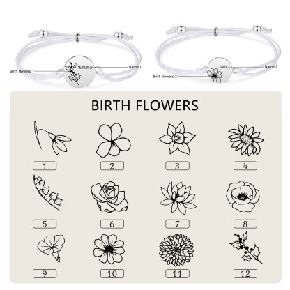 2-PCS Personalised Elastic Cord Bracelets, Customized With 2 Birth Flowers & 2 Names, Gift For Daughter