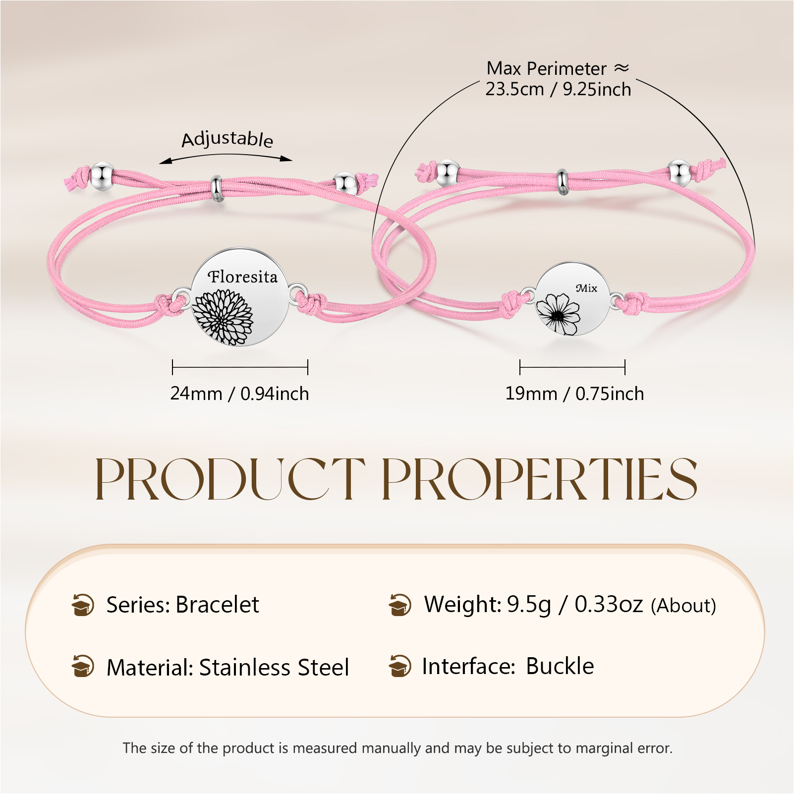 2-PCS Personalised Elastic Cord Bracelets, Customized With 2 Birth Flowers & 2 Names, Gift For Daughter