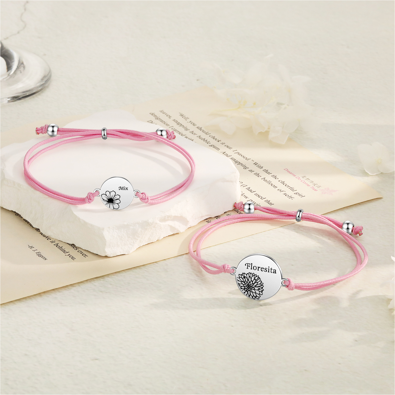2-PCS Personalised Elastic Cord Bracelets, Customized With 2 Birth Flowers & 2 Names, Gift For Daughter