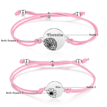 2-PCS Personalised Elastic Cord Bracelets, Customized With 2 Birth Flowers & 2 Names, Gift For Daughter