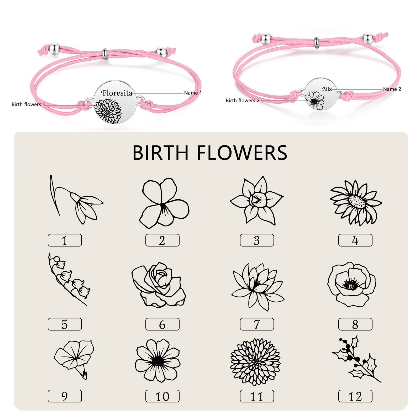 2-PCS Personalised Elastic Cord Bracelets, Customized With 2 Birth Flowers & 2 Names, Gift For Daughter
