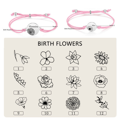 2-PCS Personalised Elastic Cord Bracelets, Customized With 2 Birth Flowers & 2 Names, Gift For Daughter
