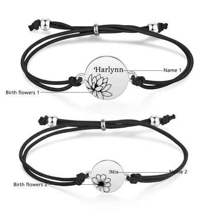 2-PCS Personalised Elastic Cord Bracelets, Customized With 2 Birth Flowers & 2 Names, Gift For Daughter