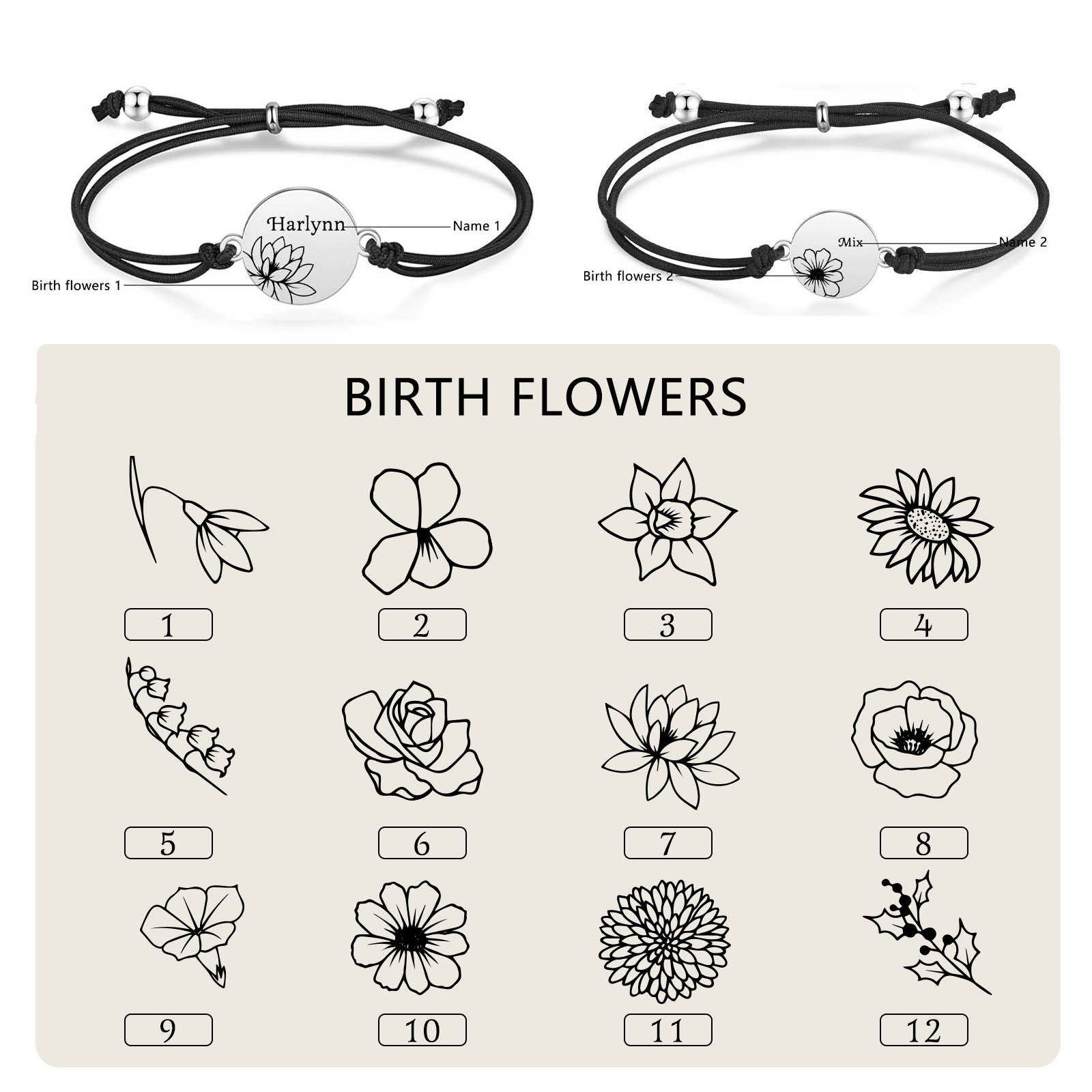 2-PCS Personalised Elastic Cord Bracelets, Customized With 2 Birth Flowers & 2 Names, Gift For Daughter