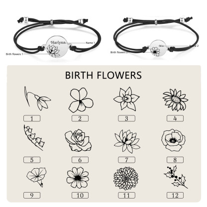 2-PCS Personalised Elastic Cord Bracelets, Customized With 2 Birth Flowers & 2 Names, Gift For Daughter