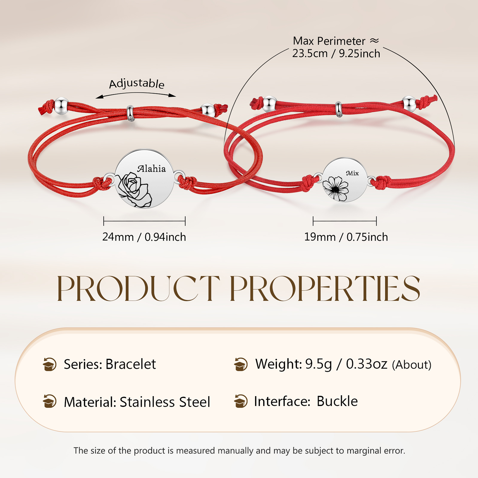 2-PCS Personalised Elastic Cord Bracelets, Customized With 2 Birth Flowers & 2 Names, Gift For Daughter
