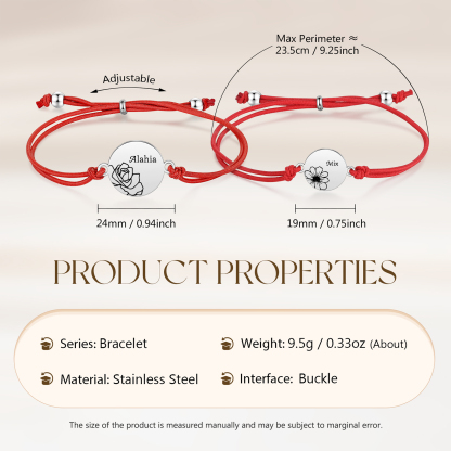 2-PCS Personalised Elastic Cord Bracelets, Customized With 2 Birth Flowers & 2 Names, Gift For Daughter