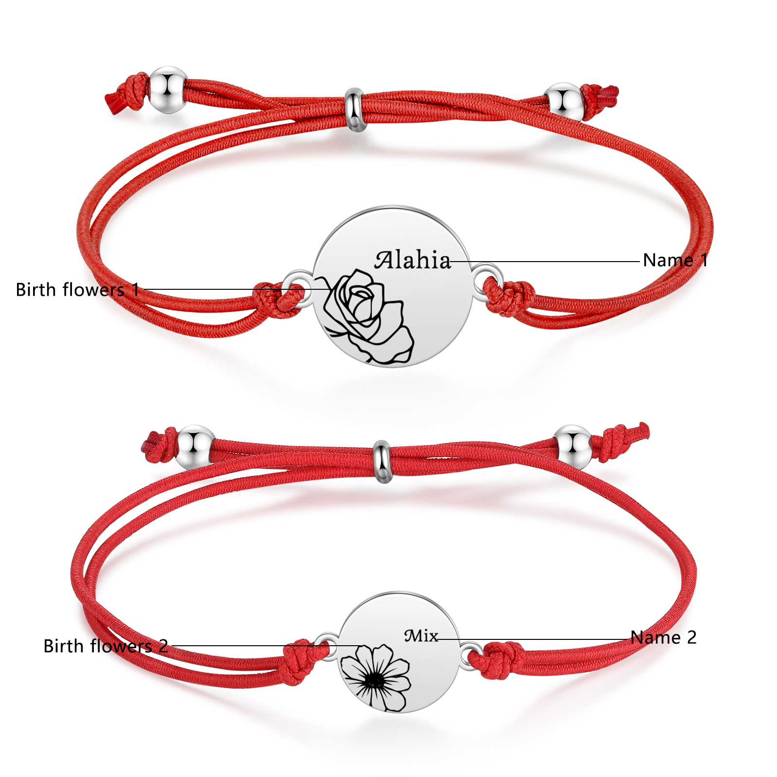 2-PCS Personalised Elastic Cord Bracelets, Customized With 2 Birth Flowers & 2 Names, Gift For Daughter