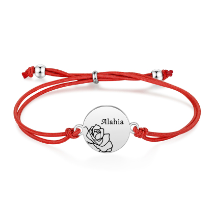 2-PCS Personalised Elastic Cord Bracelets, Customized With 2 Birth Flowers & 2 Names, Gift For Daughter