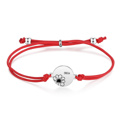 2-PCS Personalised Elastic Cord Bracelets, Customized With 2 Birth Flowers & 2 Names, Gift For Daughter
