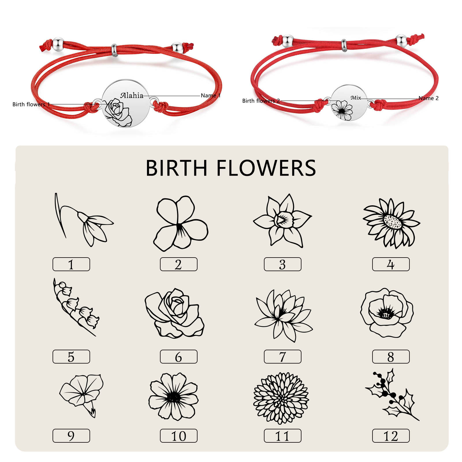 2-PCS Personalised Elastic Cord Bracelets, Customized With 2 Birth Flowers & 2 Names, Gift For Daughter