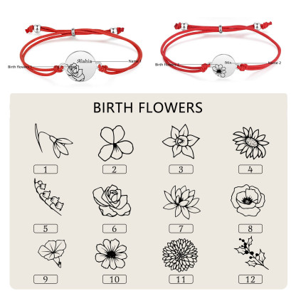 2-PCS Personalised Elastic Cord Bracelets, Customized With 2 Birth Flowers & 2 Names, Gift For Daughter