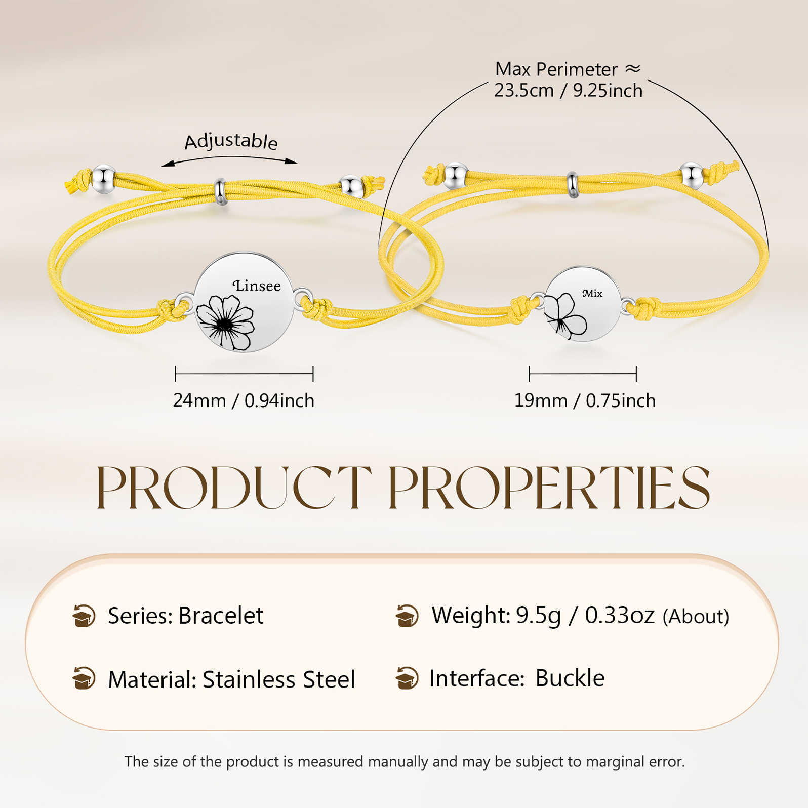 2-PCS Personalised Elastic Cord Bracelets, Customized With 2 Birth Flowers & 2 Names, Gift For Daughter