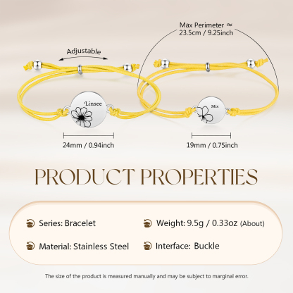 2-PCS Personalised Elastic Cord Bracelets, Customized With 2 Birth Flowers & 2 Names, Gift For Daughter