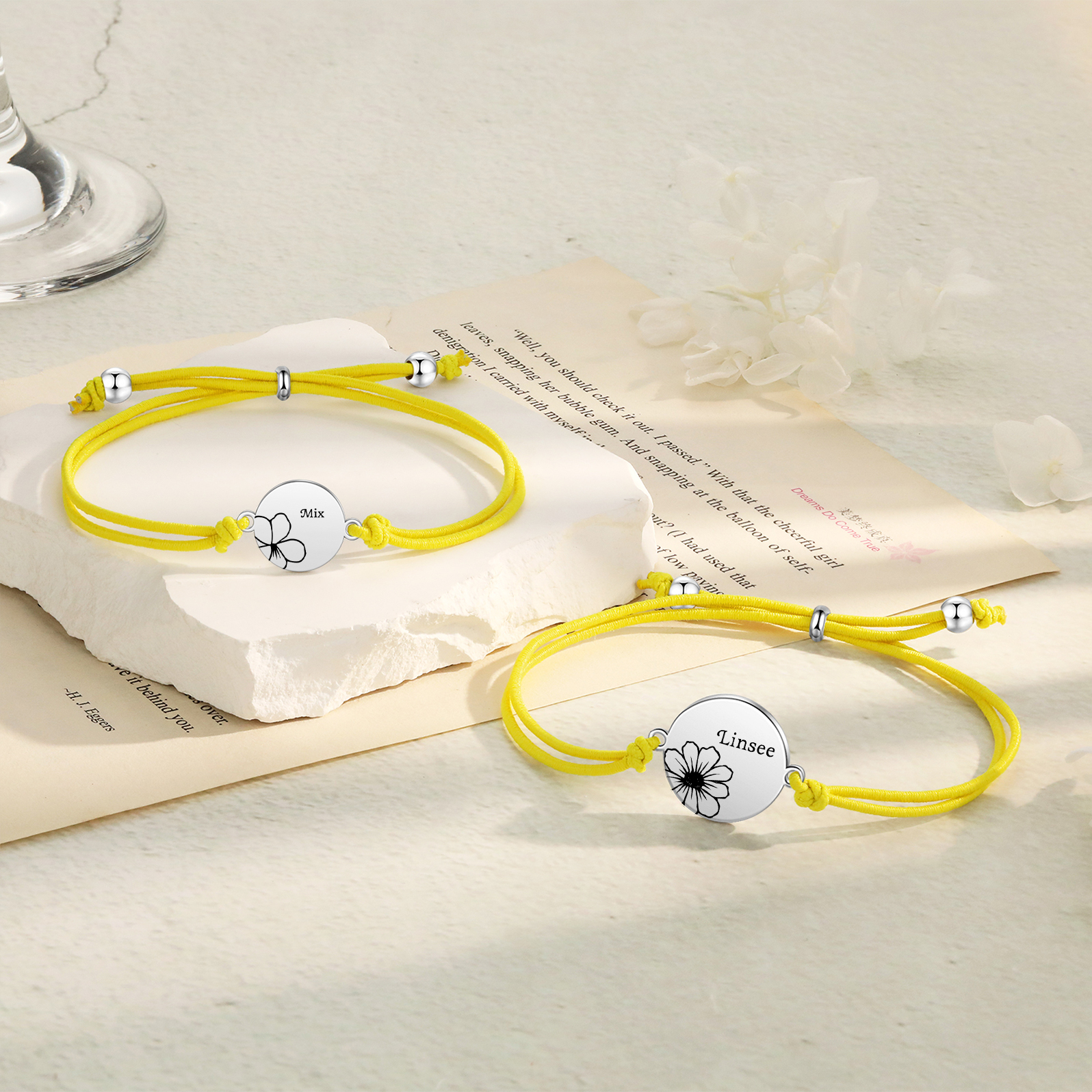 2-PCS Personalised Elastic Cord Bracelets, Customized With 2 Birth Flowers & 2 Names, Gift For Daughter