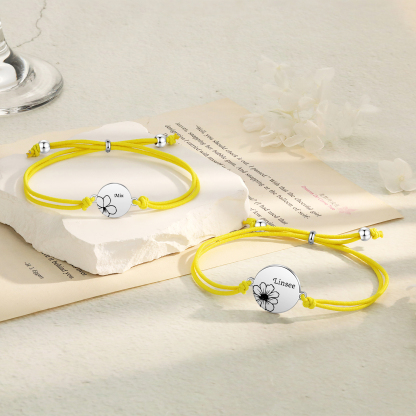 2-PCS Personalised Elastic Cord Bracelets, Customized With 2 Birth Flowers & 2 Names, Gift For Daughter