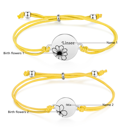2-PCS Personalised Elastic Cord Bracelets, Customized With 2 Birth Flowers & 2 Names, Gift For Daughter