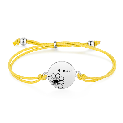 2-PCS Personalised Elastic Cord Bracelets, Customized With 2 Birth Flowers & 2 Names, Gift For Daughter