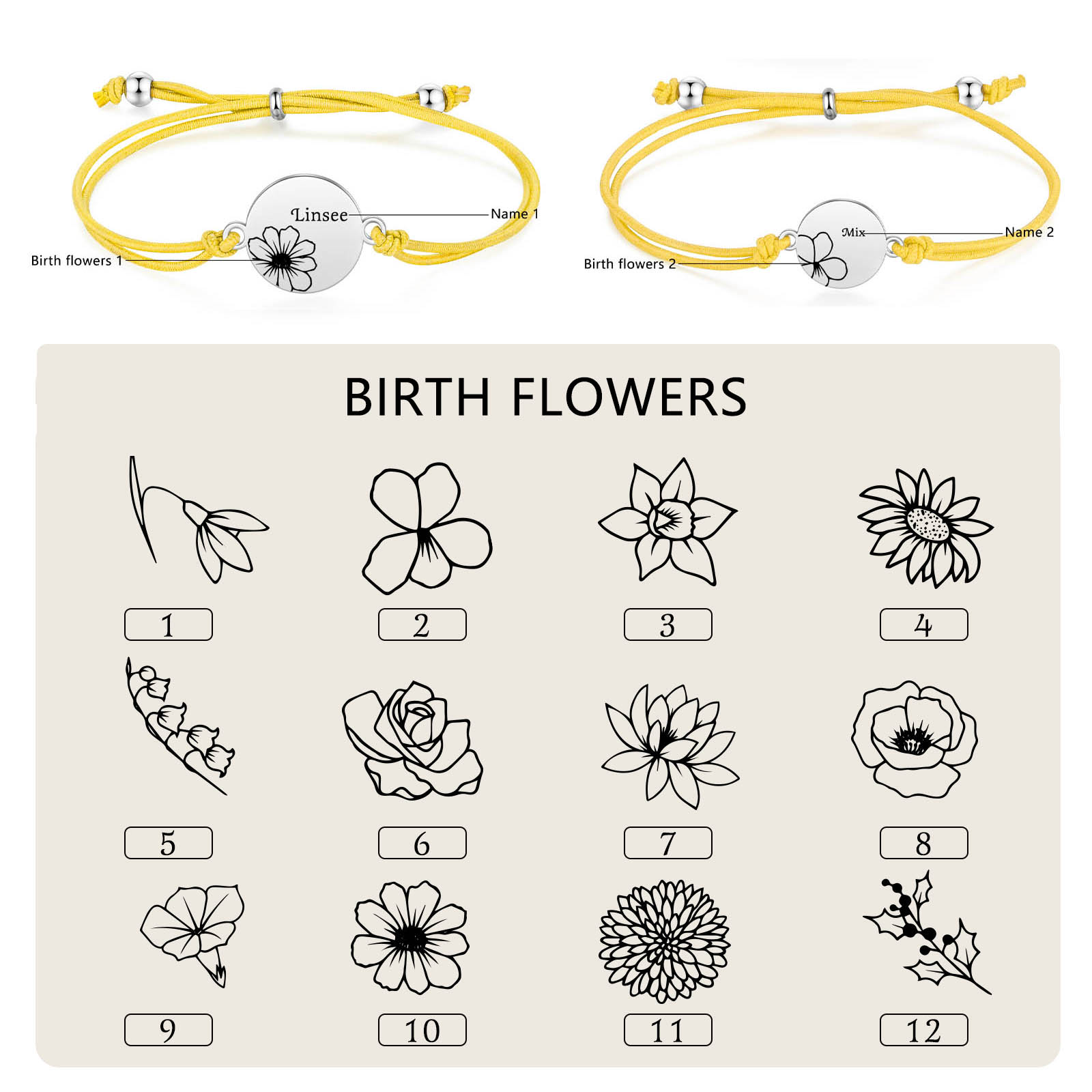 2-PCS Personalised Elastic Cord Bracelets, Customized With 2 Birth Flowers & 2 Names, Gift For Daughter