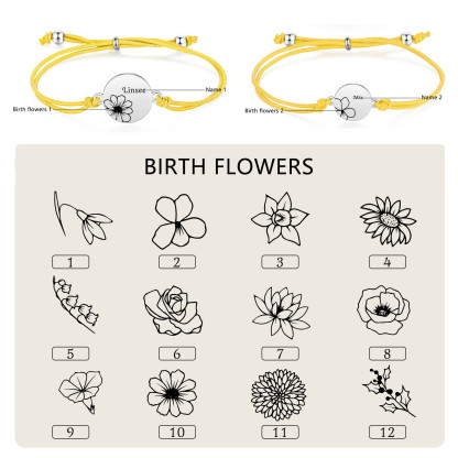 2-PCS Personalised Elastic Cord Bracelets, Customized With 2 Birth Flowers & 2 Names, Gift For Daughter