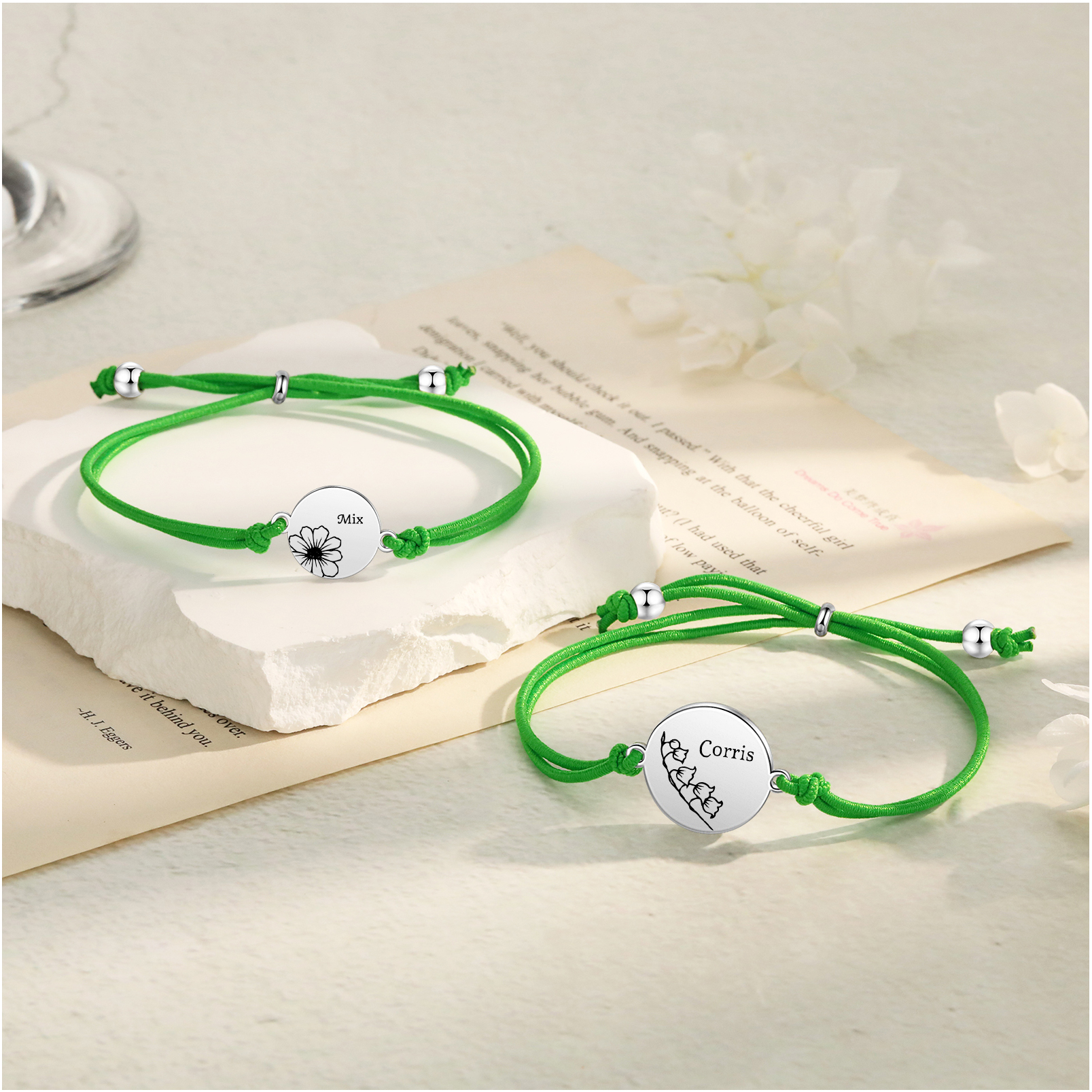 2-PCS Personalised Elastic Cord Bracelets, Customized With 2 Birth Flowers & 2 Names, Gift For Daughter