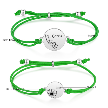 2-PCS Personalised Elastic Cord Bracelets, Customized With 2 Birth Flowers & 2 Names, Gift For Daughter
