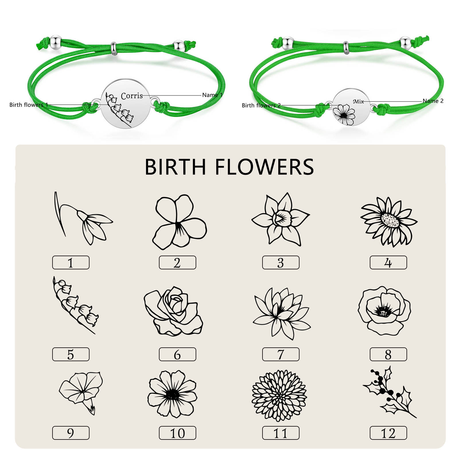 2-PCS Personalised Elastic Cord Bracelets, Customized With 2 Birth Flowers & 2 Names, Gift For Daughter