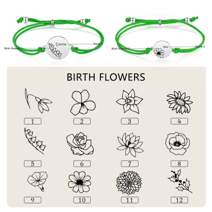 2-PCS Personalised Elastic Cord Bracelets, Customized With 2 Birth Flowers & 2 Names, Gift For Daughter