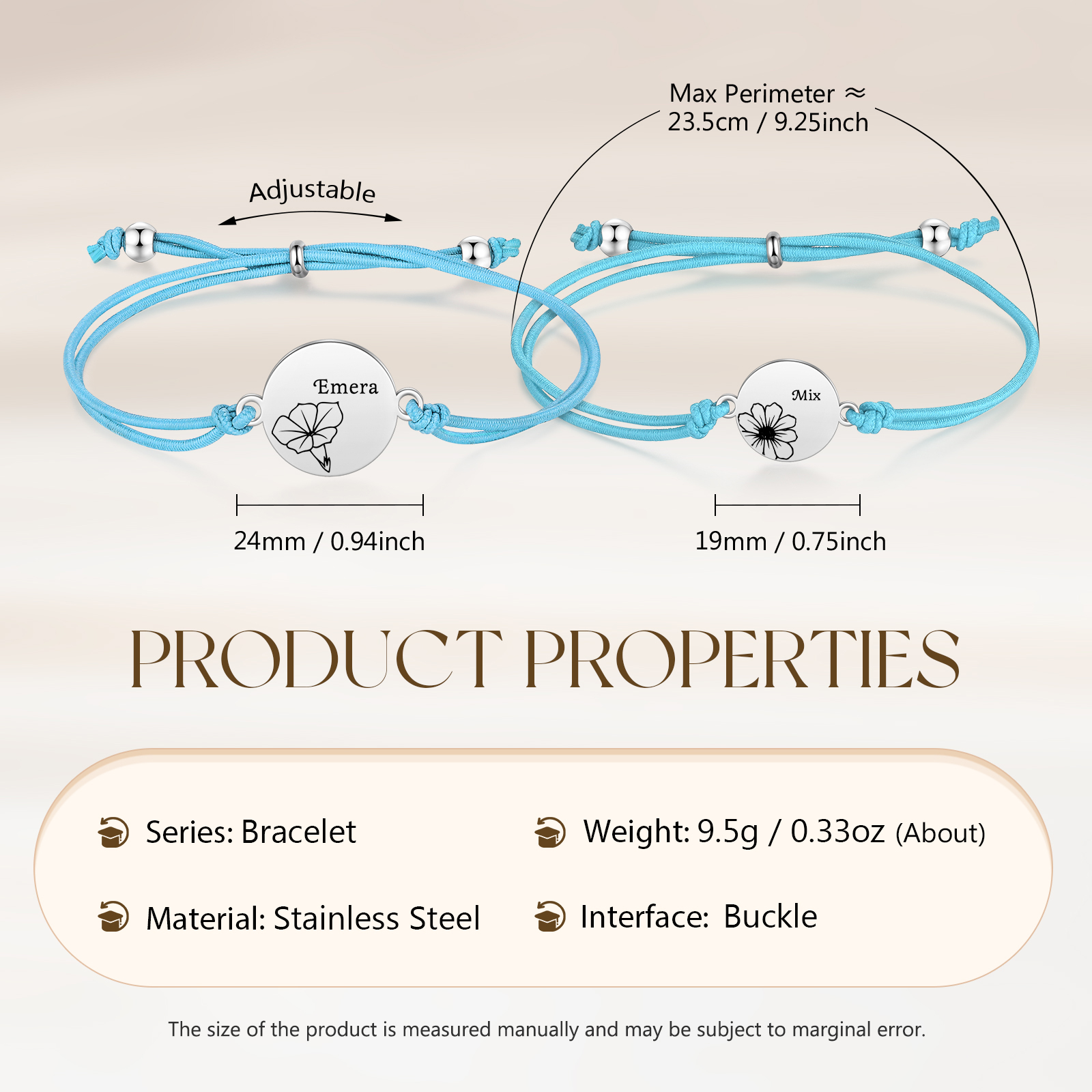 2-PCS Personalised Elastic Cord Bracelets, Customized With 2 Birth Flowers & 2 Names, Gift For Daughter