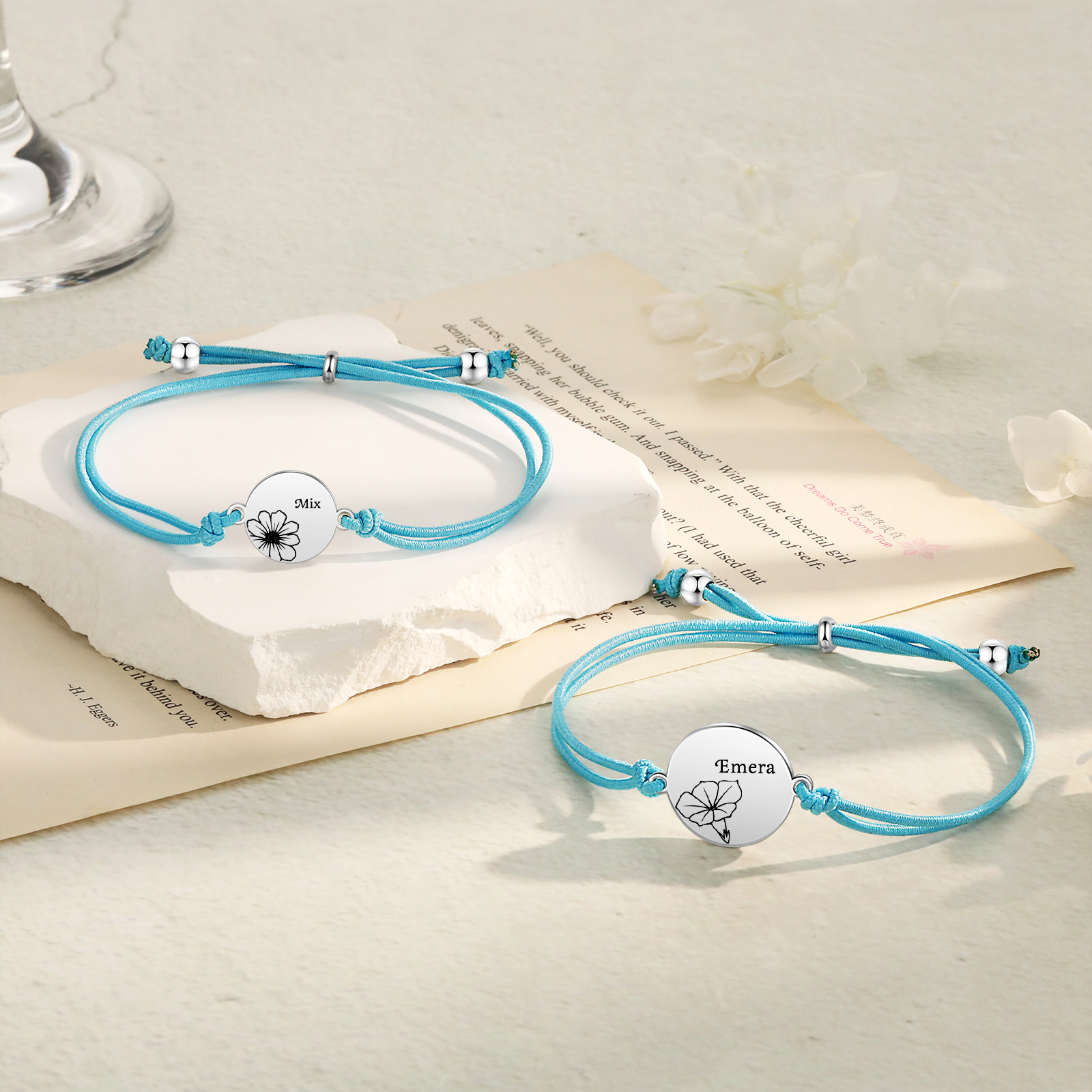 2-PCS Personalised Elastic Cord Bracelets, Customized With 2 Birth Flowers & 2 Names, Gift For Daughter