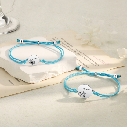 2-PCS Personalised Elastic Cord Bracelets, Customized With 2 Birth Flowers & 2 Names, Gift For Daughter
