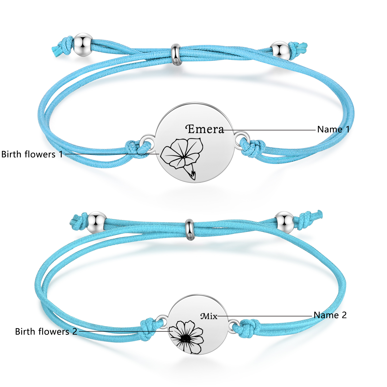 2-PCS Personalised Elastic Cord Bracelets, Customized With 2 Birth Flowers & 2 Names, Gift For Daughter