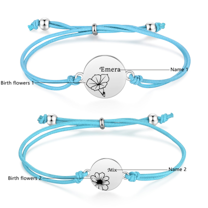 2-PCS Personalised Elastic Cord Bracelets, Customized With 2 Birth Flowers & 2 Names, Gift For Daughter